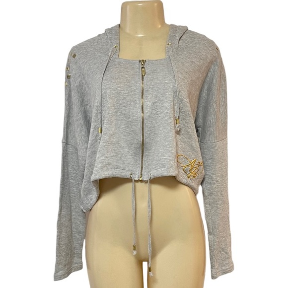 Apple Bottom Red Cropped Hoodie Embroidered Logo Gold Studded Zip Sweatshirt - Picture 13 of 13